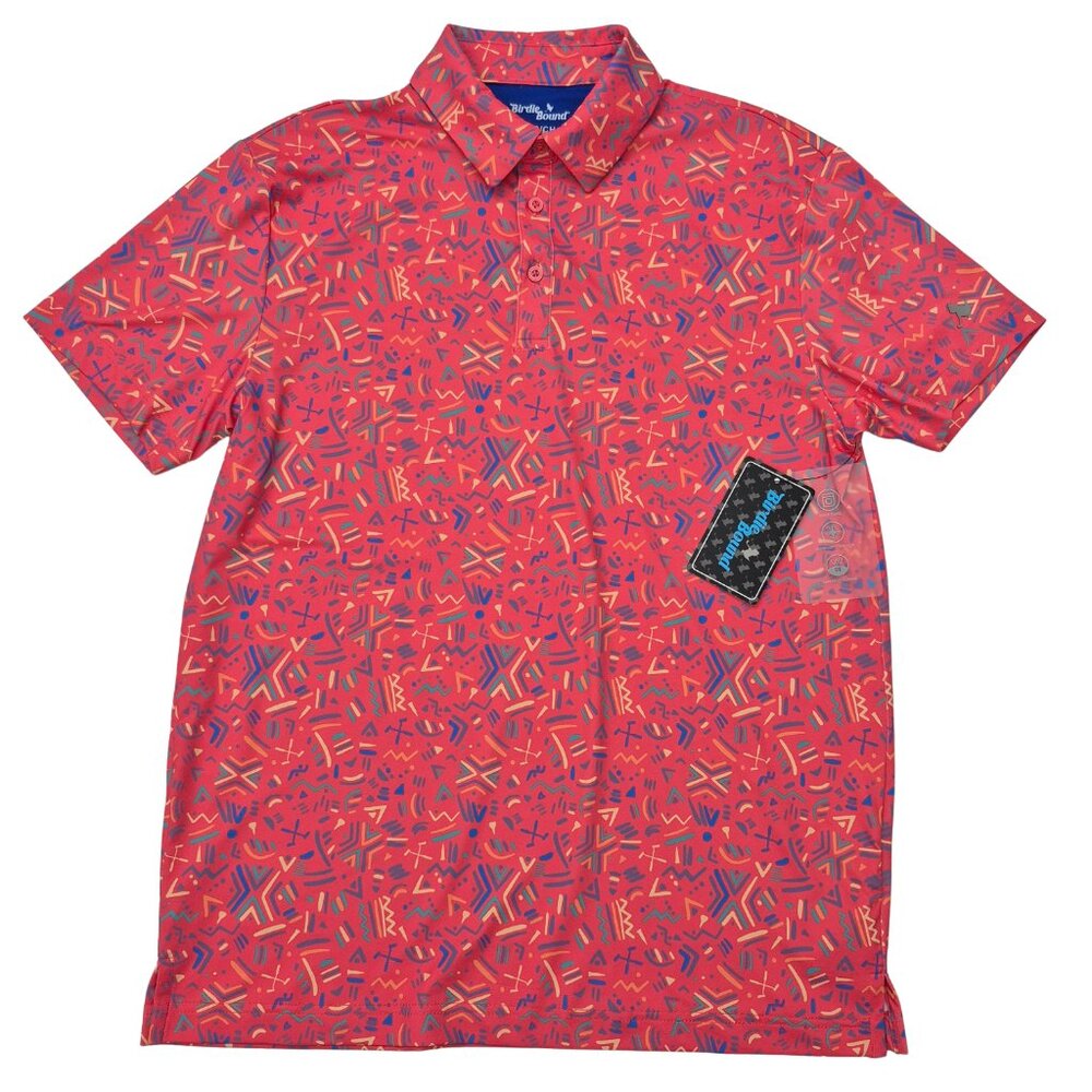 Birdie Bound Polo Shirt Mens S Red Multicolor Geometric Golf Stretch Easy Care
